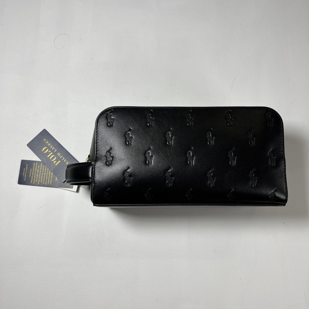 Polo Ralph Lauren Leather Embossed Pony Toiletry Dopp Shave Kit Bag Black NWT